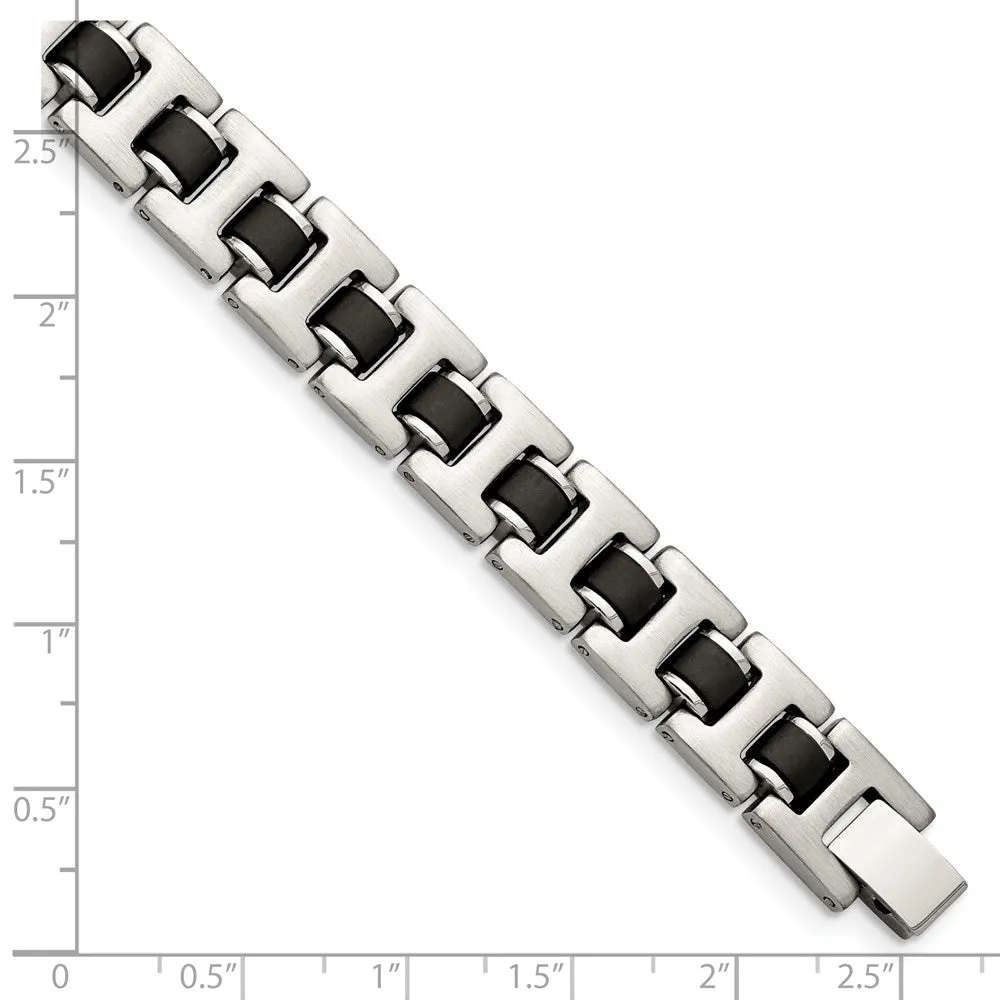 11mm Brushed Stainless Steel & Black Rubber Link Bracelet, 8.5 Inch