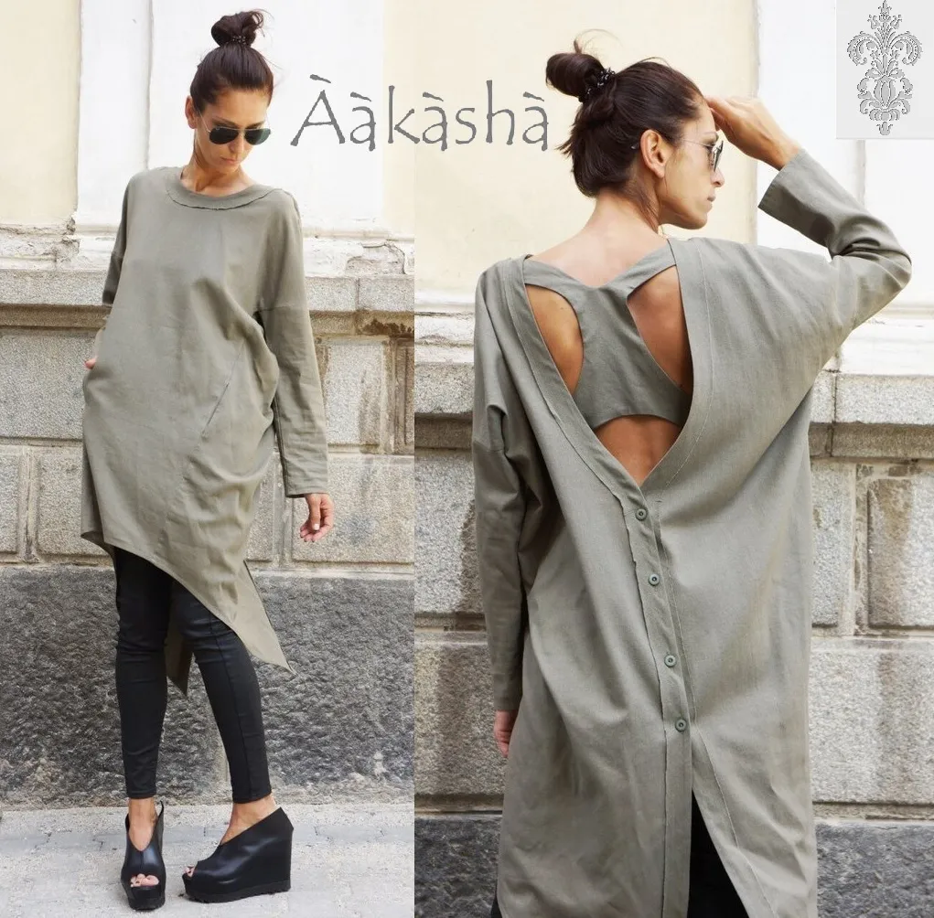 Aakasha  |Casual Style Linen Long Sleeves Plain Medium Handmade Khaki