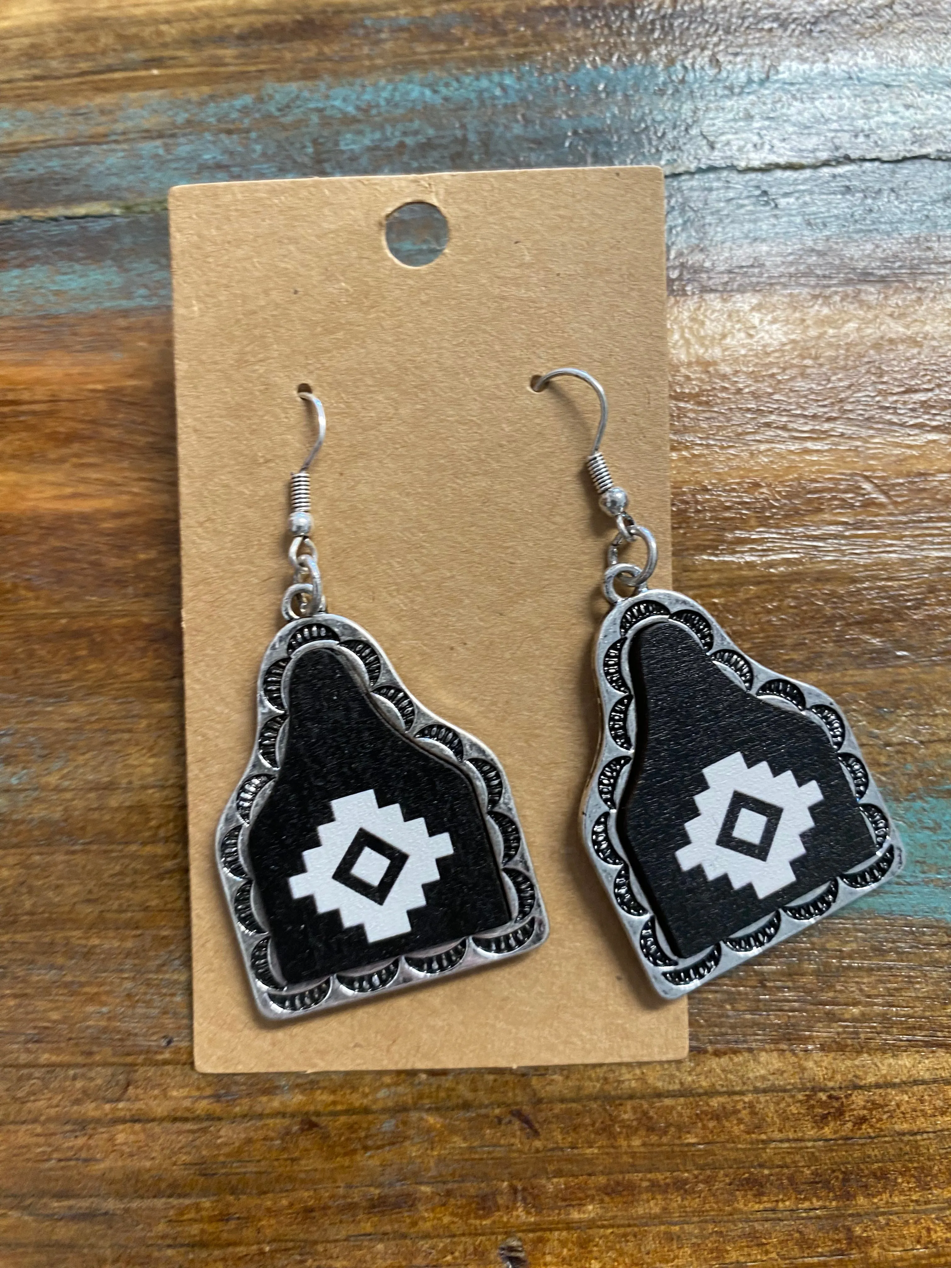 Black Aztec Print Engraved Earrings