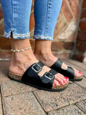 Black Buckle Strap Footbed Sliders