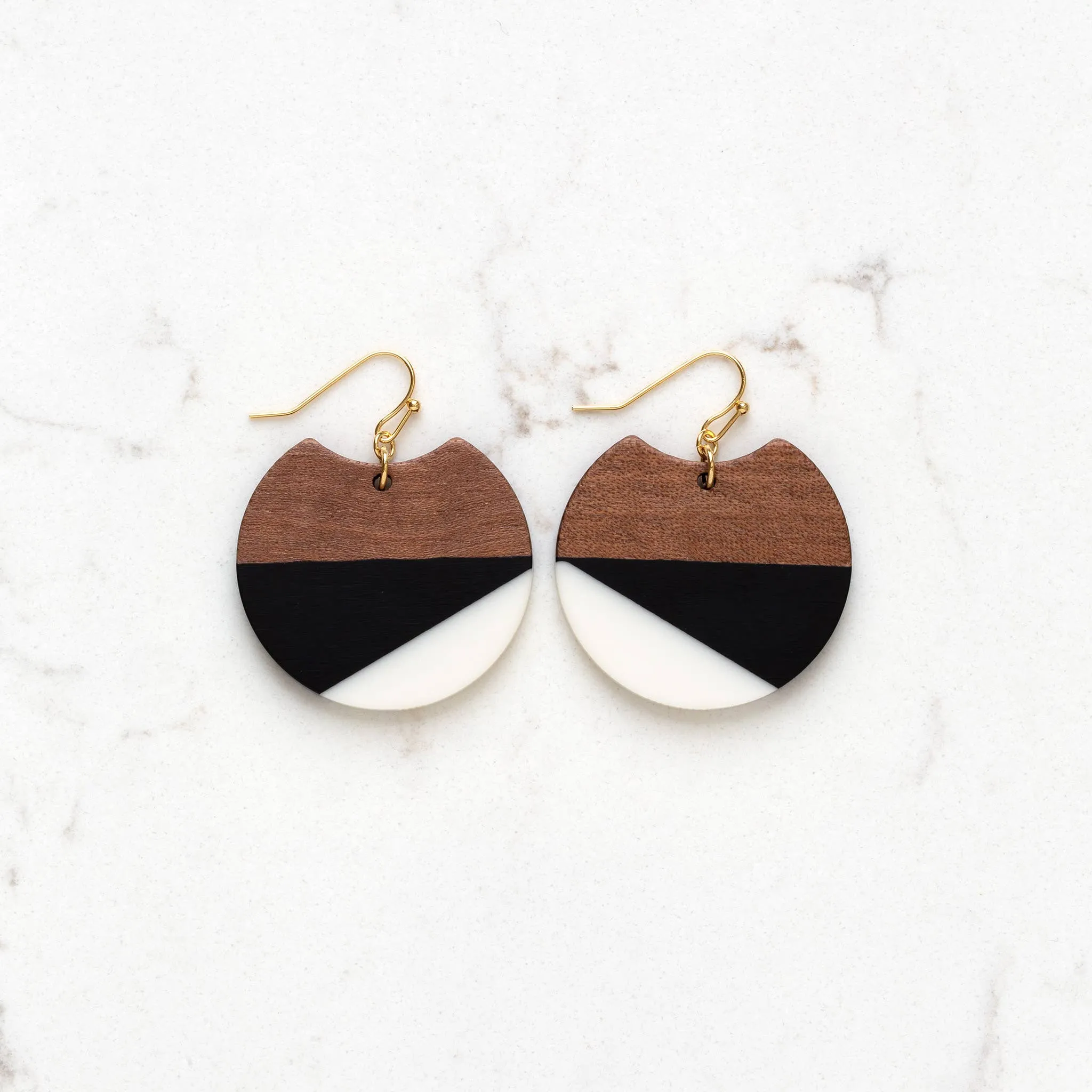 Black, White and Wood Color Block Acrylic Earrings