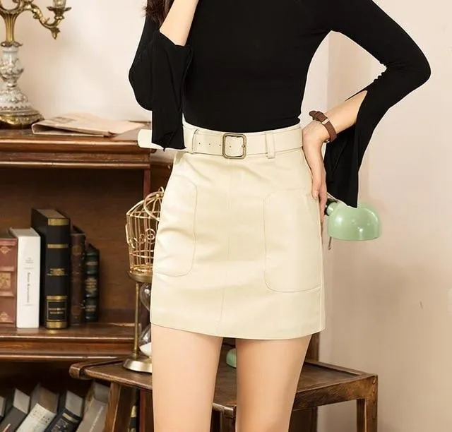 Casual Women's Vintage Autumn High Waist Mini Pencil Beige Skirt with Belt on Clearance