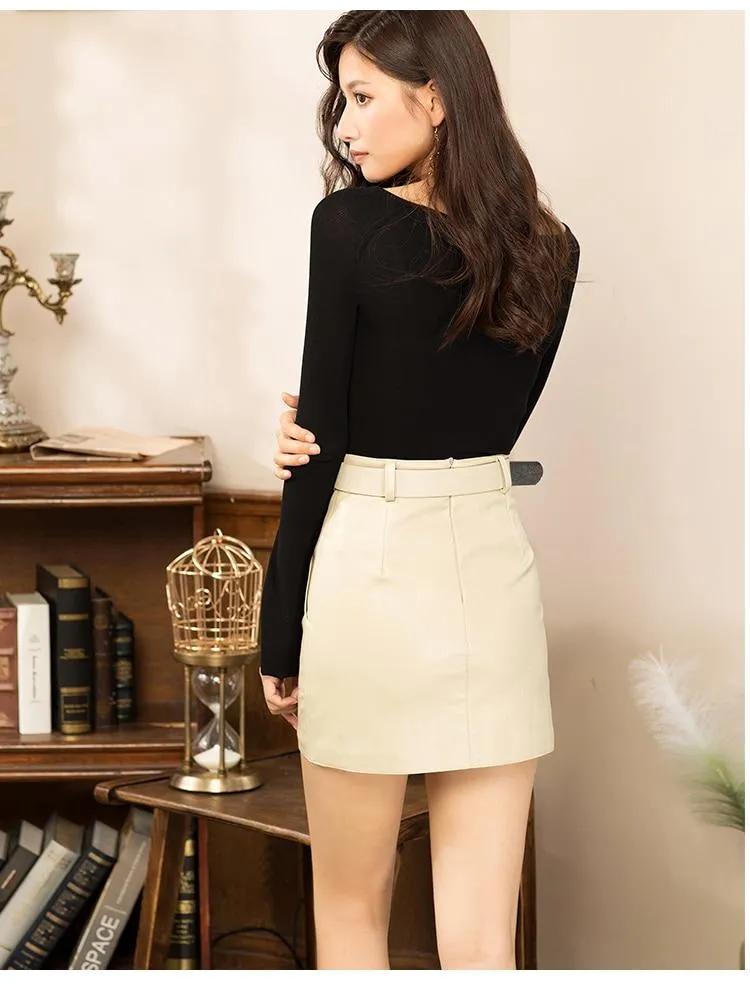 Casual Women's Vintage Autumn High Waist Mini Pencil Beige Skirt with Belt on Clearance