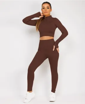 Chocolate Brown Half Zipped Neck Ribbed Activewear Set