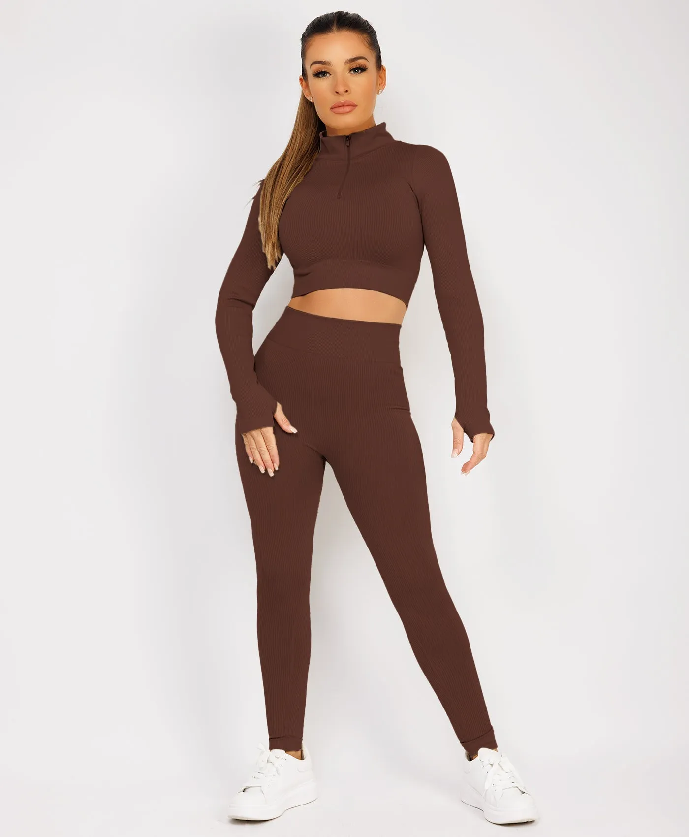 Chocolate Brown Half Zipped Neck Ribbed Activewear Set