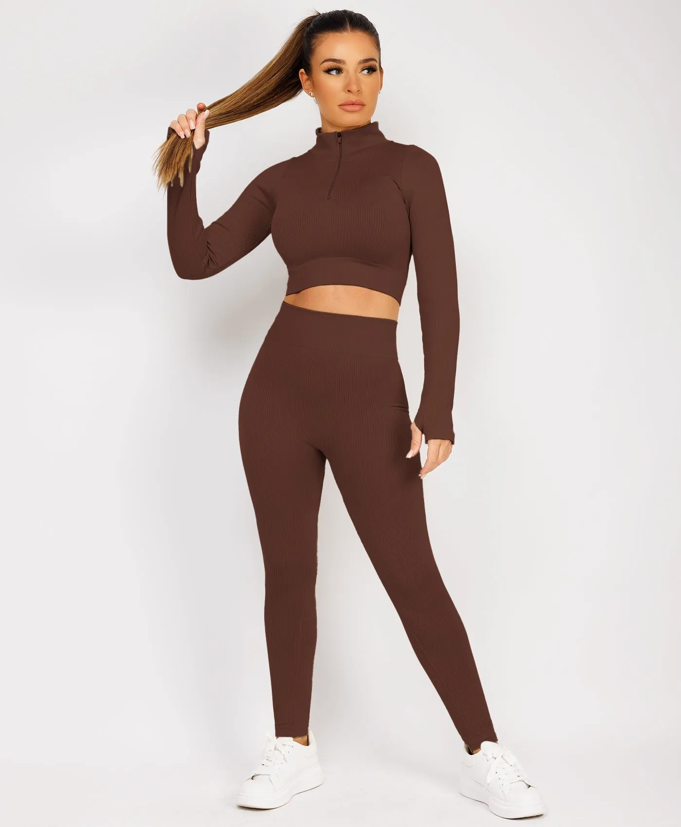 Chocolate Brown Half Zipped Neck Ribbed Activewear Set