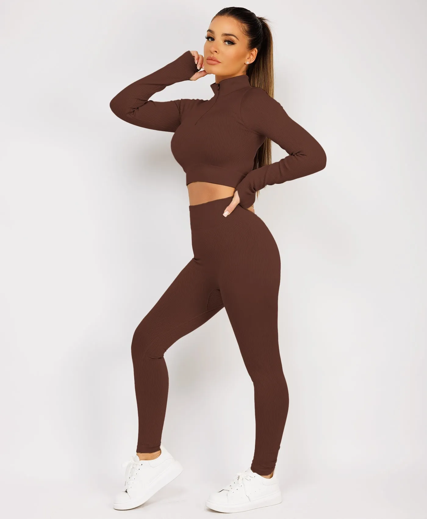 Chocolate Brown Half Zipped Neck Ribbed Activewear Set