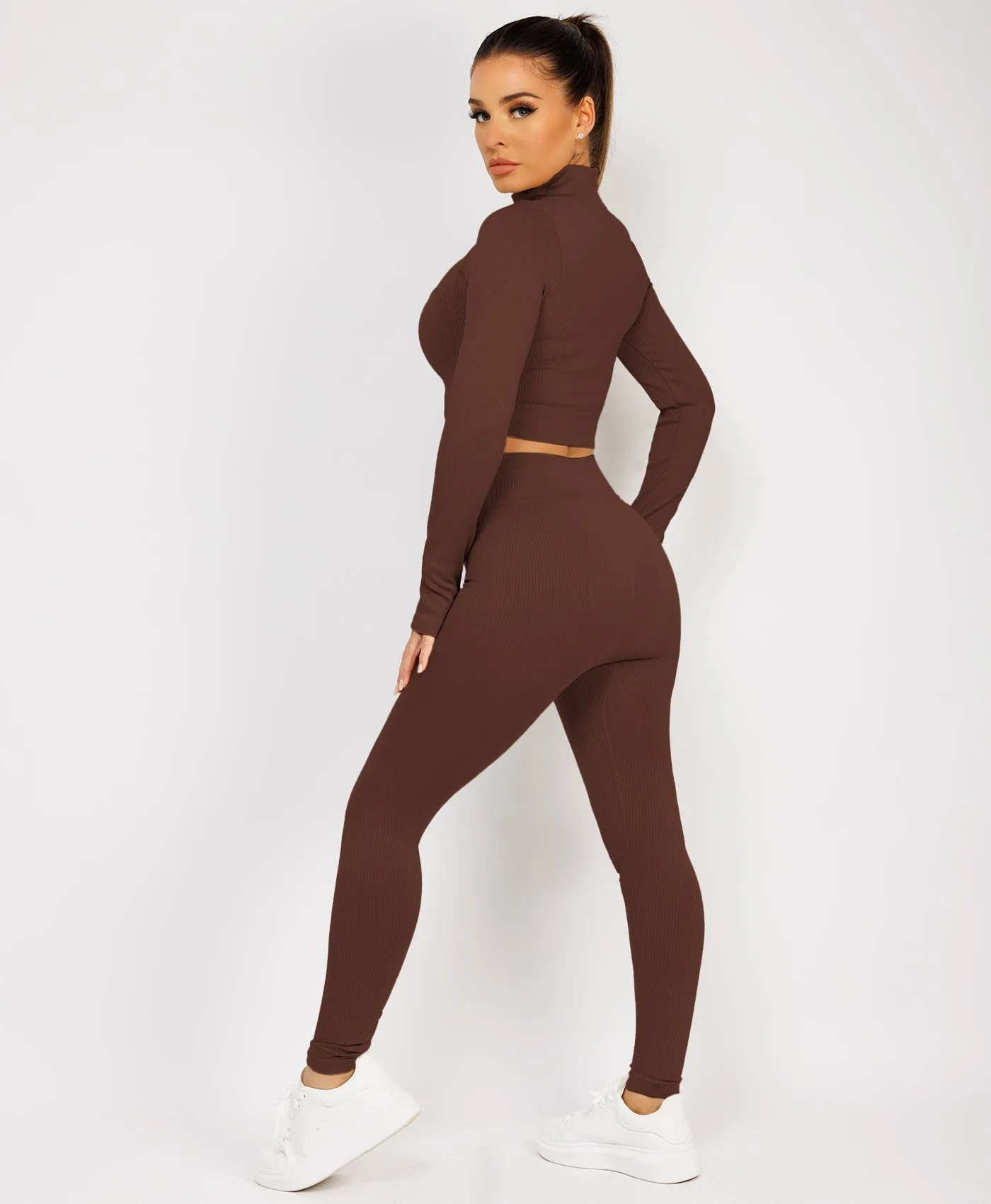 Chocolate Brown Half Zipped Neck Ribbed Activewear Set