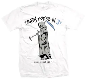 Death Comes In 3's - University Blue on White T-Shirt