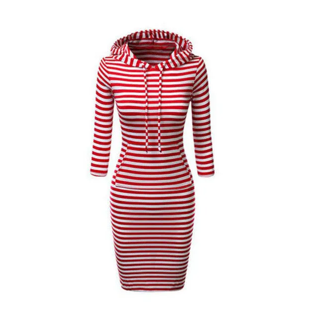 Dress 2106 Women Casual Striped Long Sleeve Hoodie Hooded Bodycon Pockets Sweater Dresses For Women Girls Red Black Robes GS