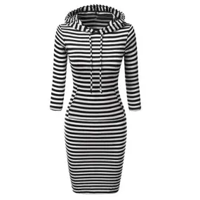 Dress 2106 Women Casual Striped Long Sleeve Hoodie Hooded Bodycon Pockets Sweater Dresses For Women Girls Red Black Robes GS