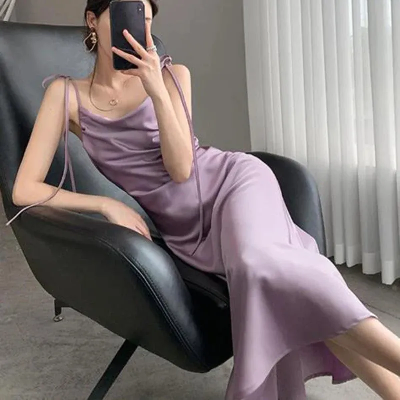 Elegant Pleated Satin Midi Dress Women Sexy Silk Straps Lace Up