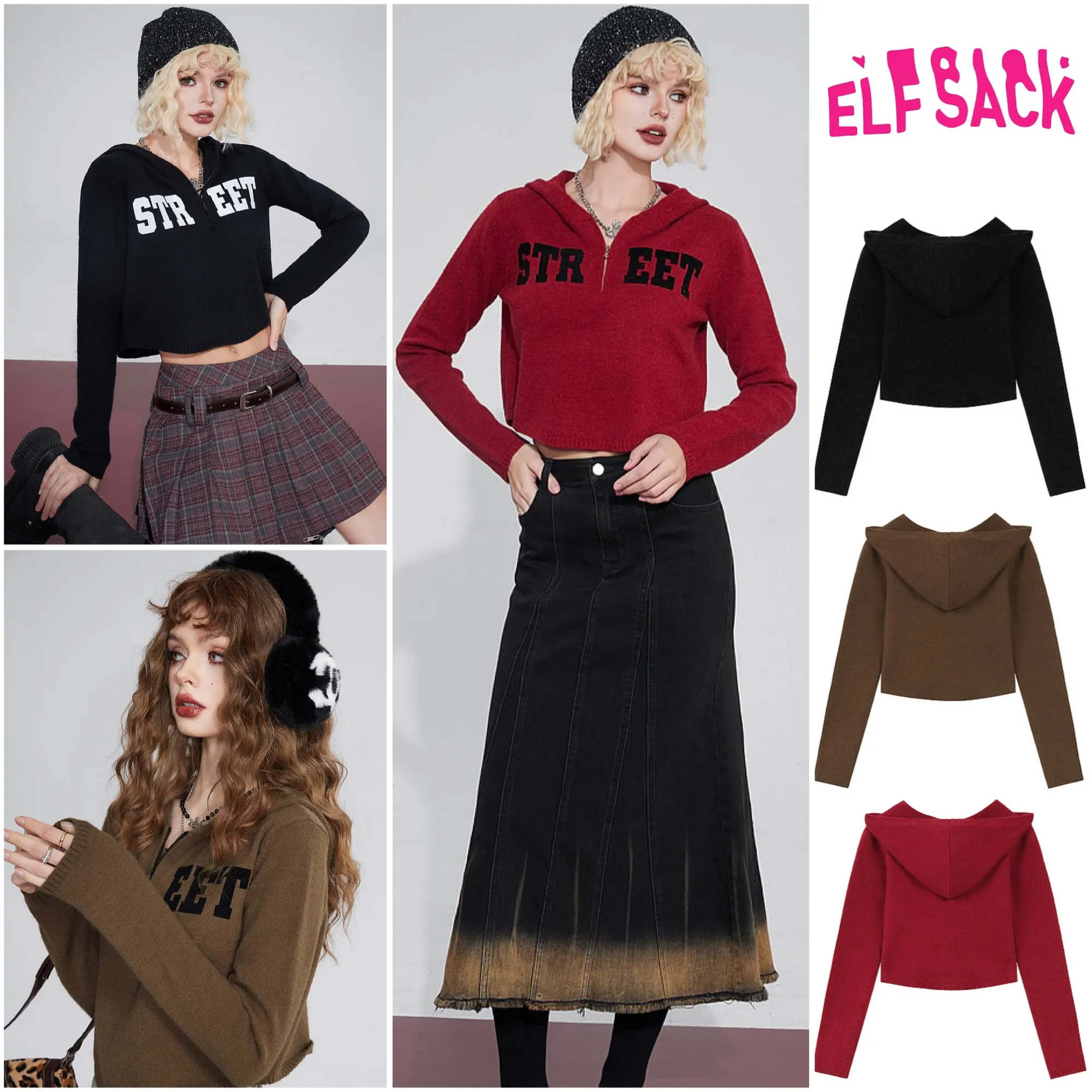 ELF SACK  |Casual Style Long Sleeves Plain Logo V-neck & Crew neck