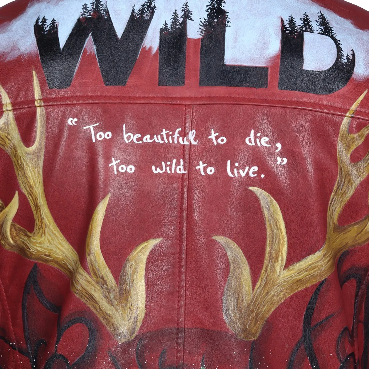 Forest Inspired Deer Horns Multi-Color Quoted Wine Hand Painted Leather Jackets By Brune & Bareskin