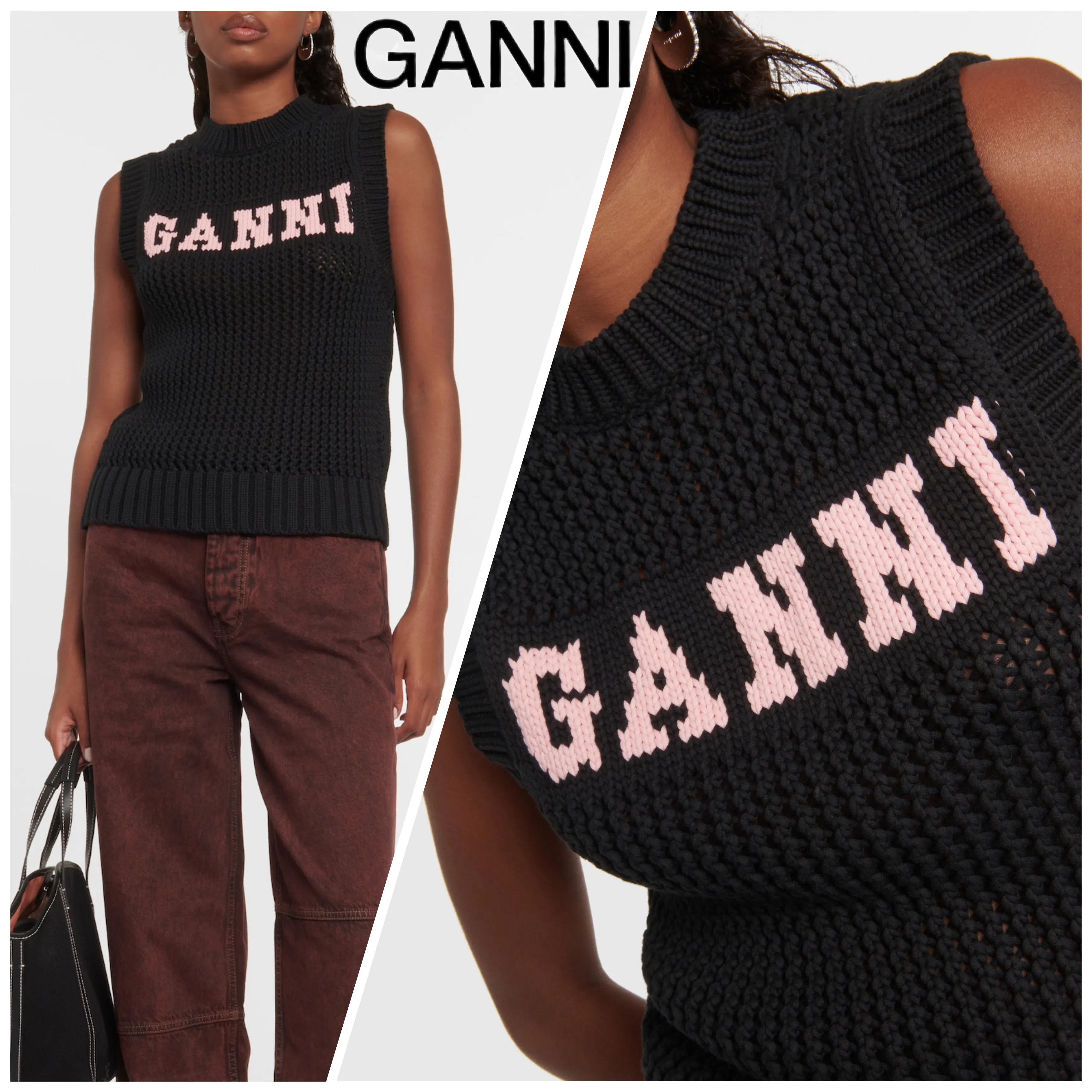 Ganni  |Casual Style Rib Blended Fabrics Sleeveless U-Neck Cotton