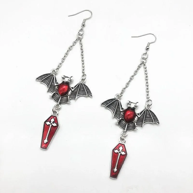 Gothic Punk Bat, Cross Coffin Earrings