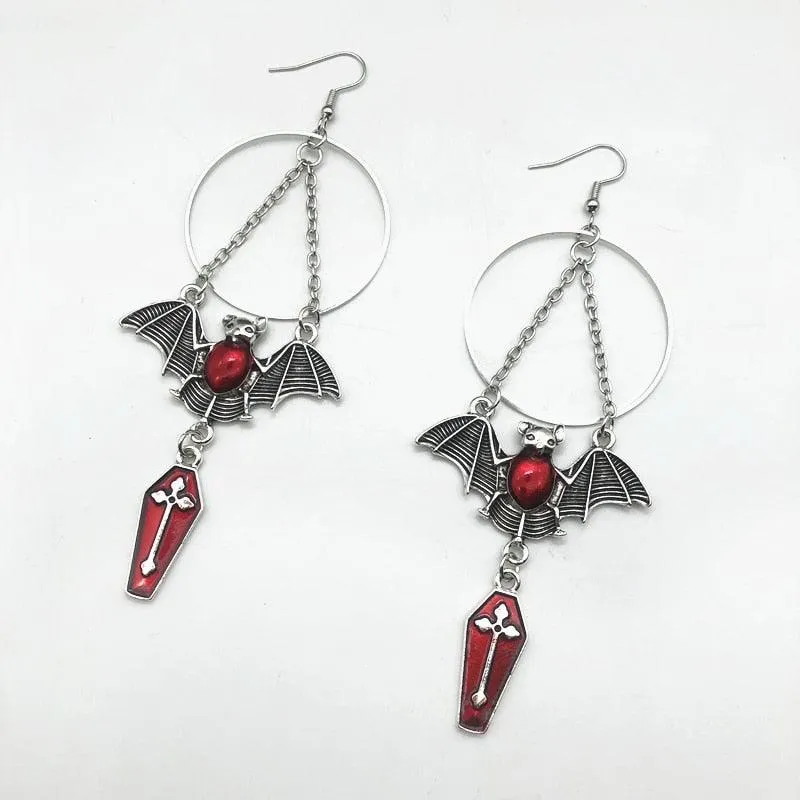 Gothic Punk Bat, Cross Coffin Earrings