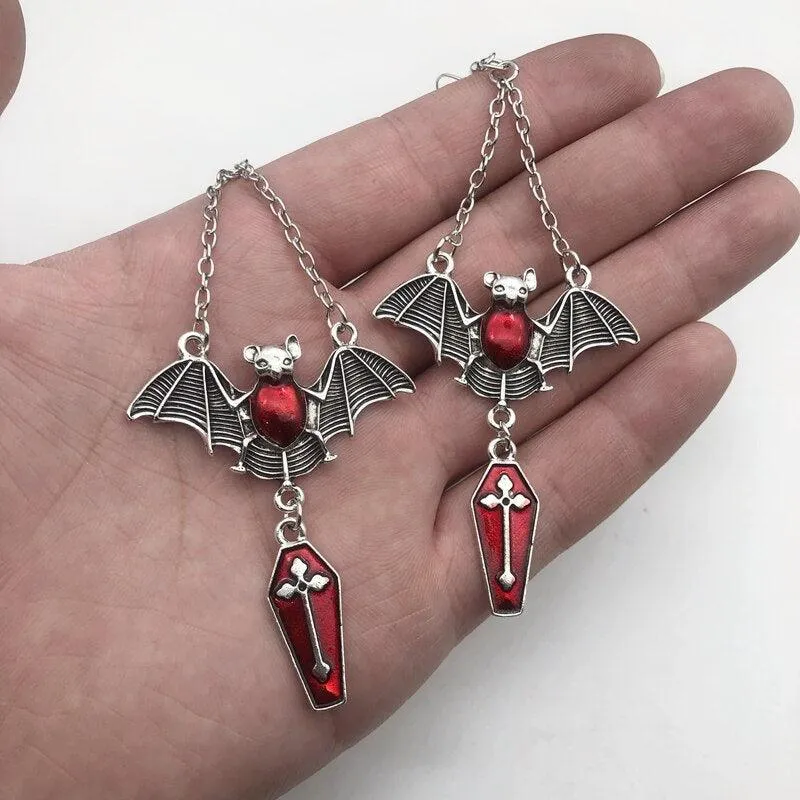 Gothic Punk Bat, Cross Coffin Earrings