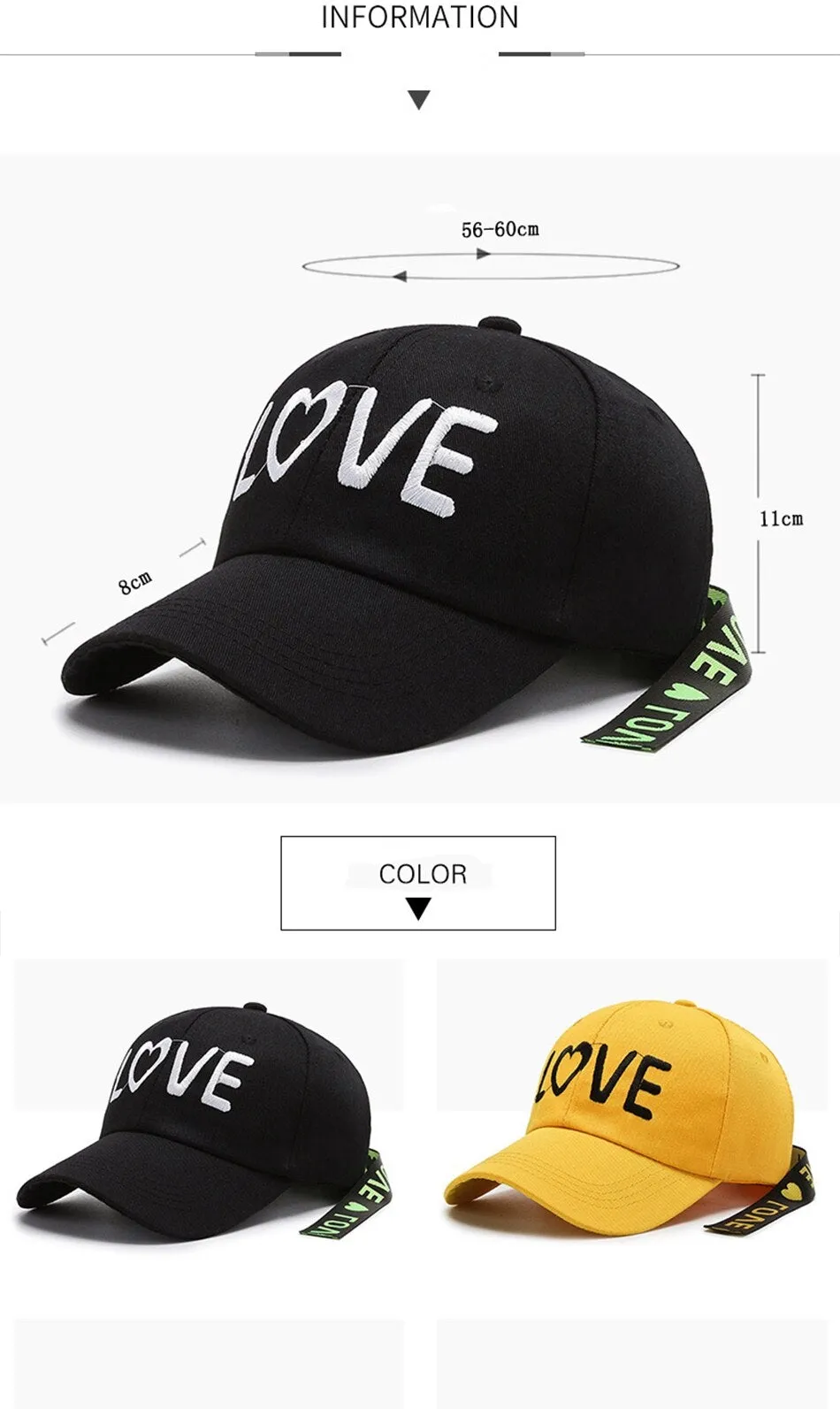 Hip Hop Personality Unisex Love Embroidered Long Ribbon Baseball Cap