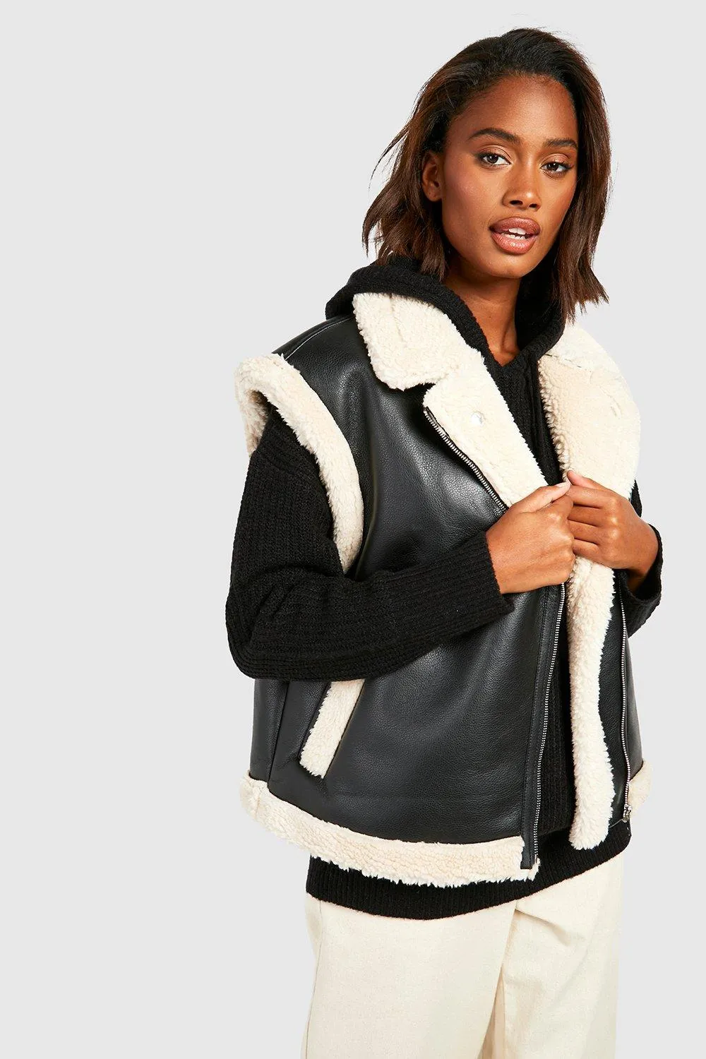 Jackets & Coats | Teddy Trim Faux Leather Gilet | boohoo