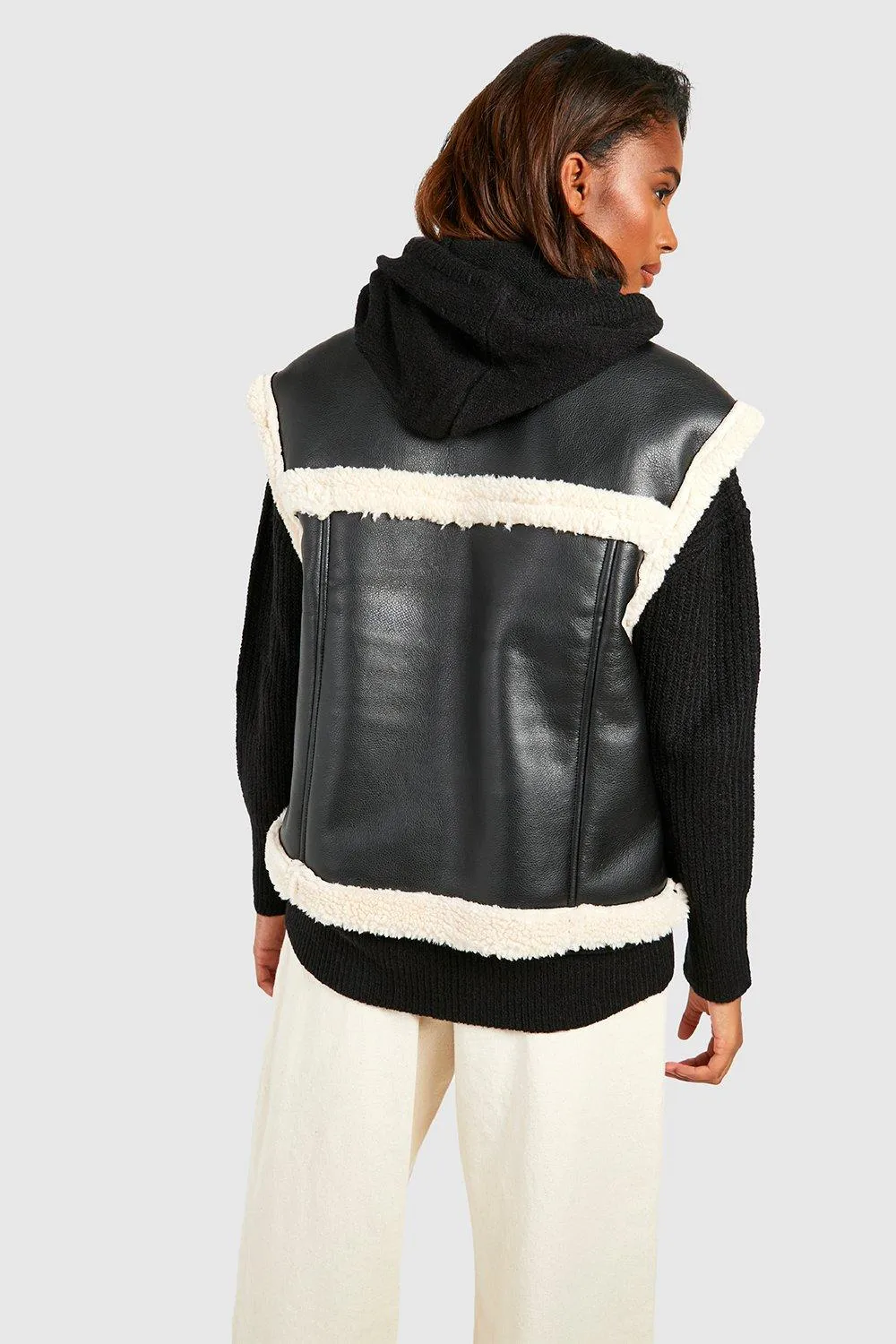 Jackets & Coats | Teddy Trim Faux Leather Gilet | boohoo