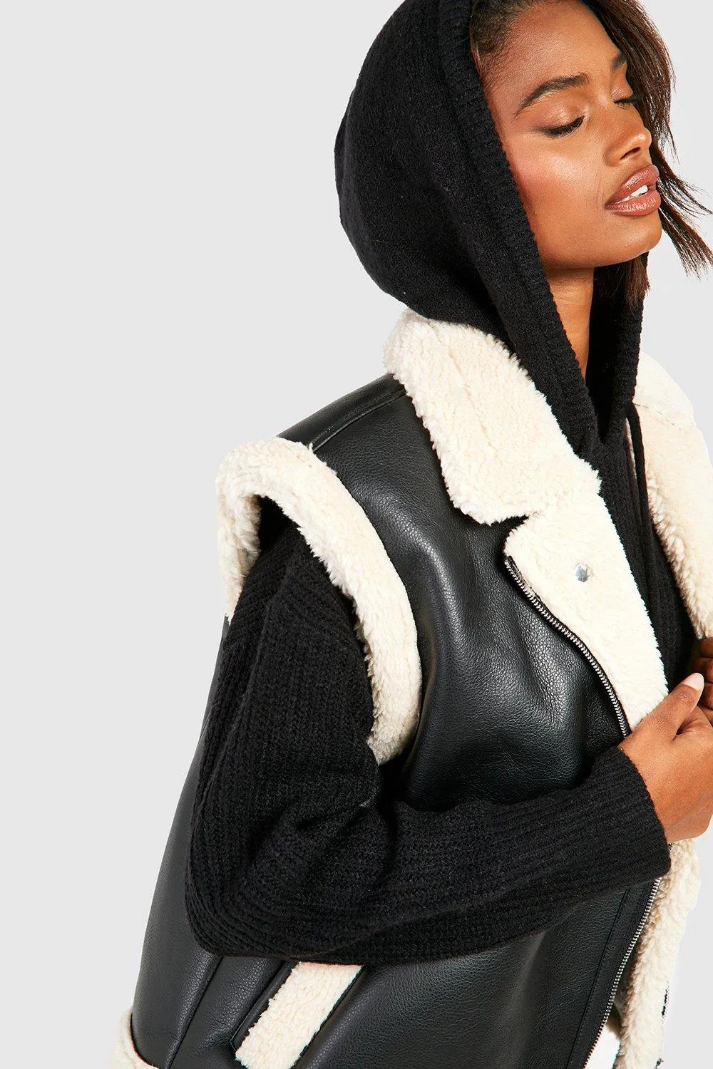 Jackets & Coats | Teddy Trim Faux Leather Gilet | boohoo