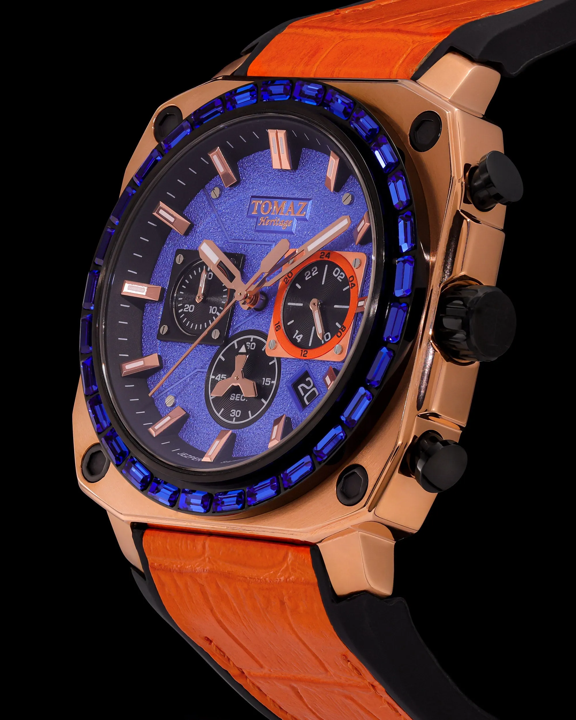 Jezper TQ021B-D7 (Rosegold) with Blue Swarovski (Orange Bamboo Rubber Strap)