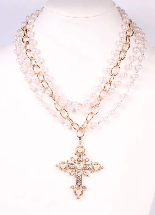 Joelle Pearl Layered Necklace with Cross GOLD