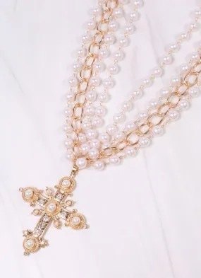 Joelle Pearl Layered Necklace with Cross GOLD