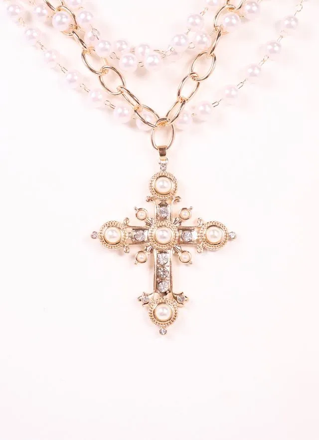 Joelle Pearl Layered Necklace with Cross GOLD