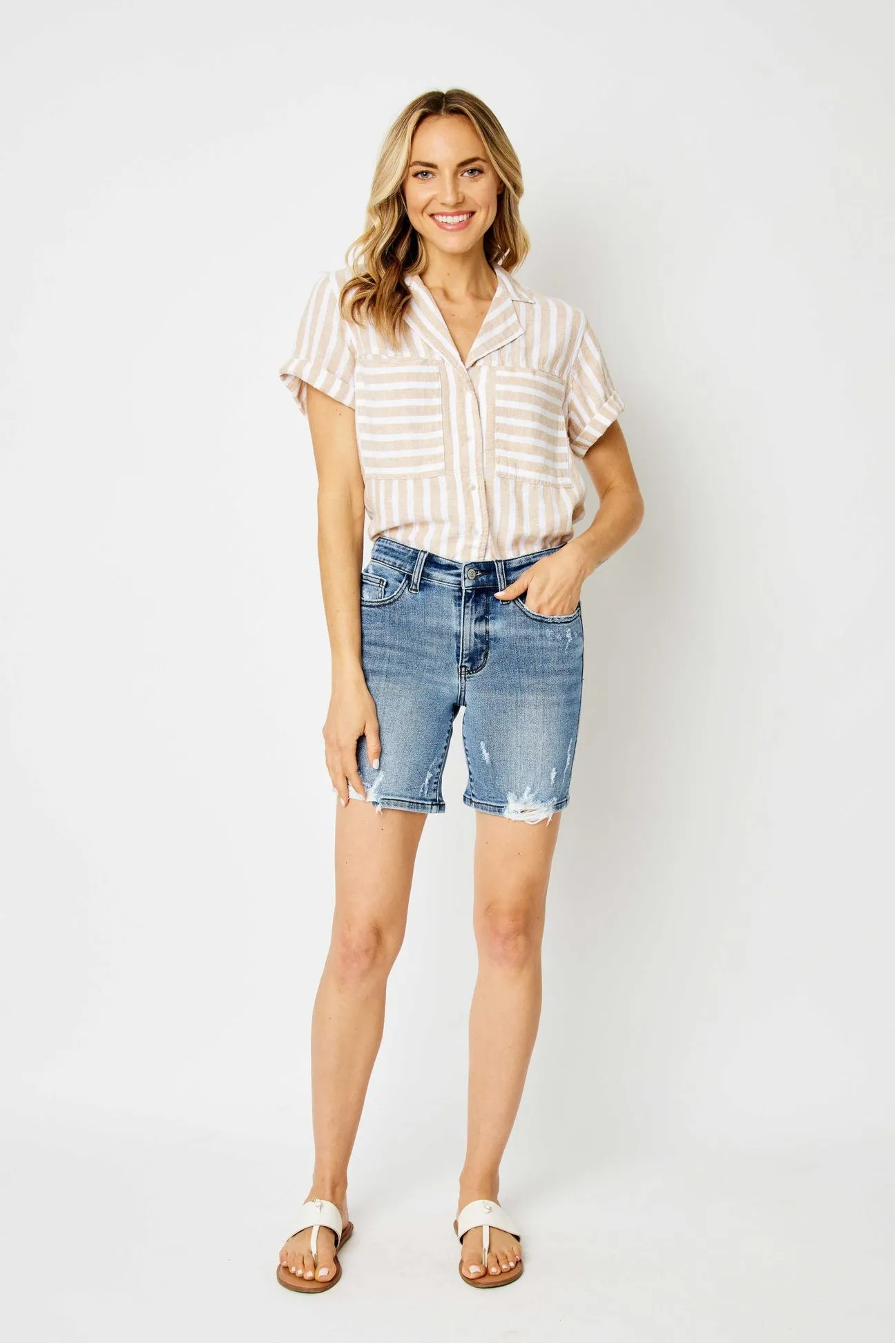 JUDY BLUE HIGH WAIST DESTROY BERMUDA SHORTS