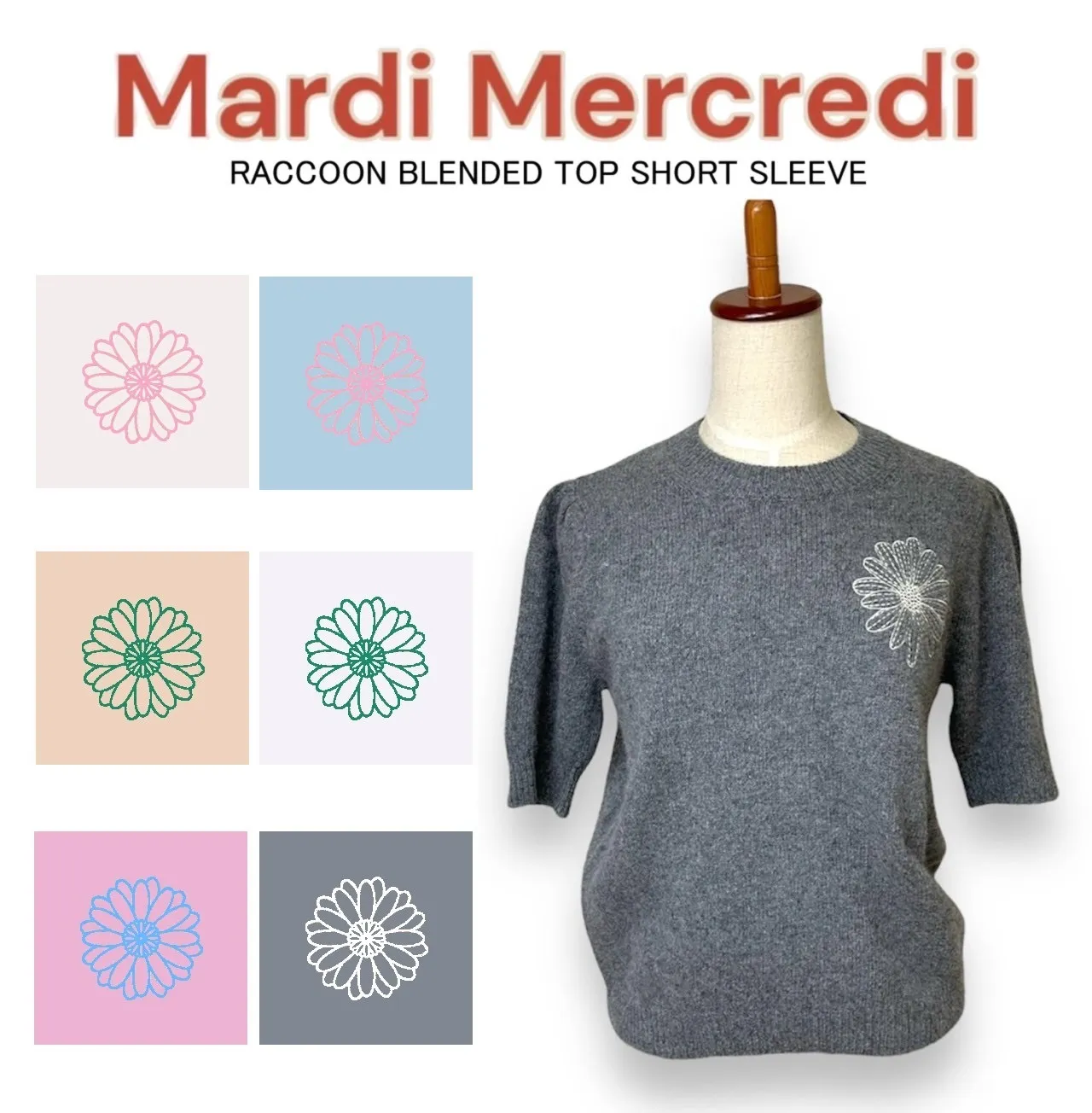 Mardi Mercredi  |Crew Neck Flower Patterns Casual Style Wool Short Sleeves