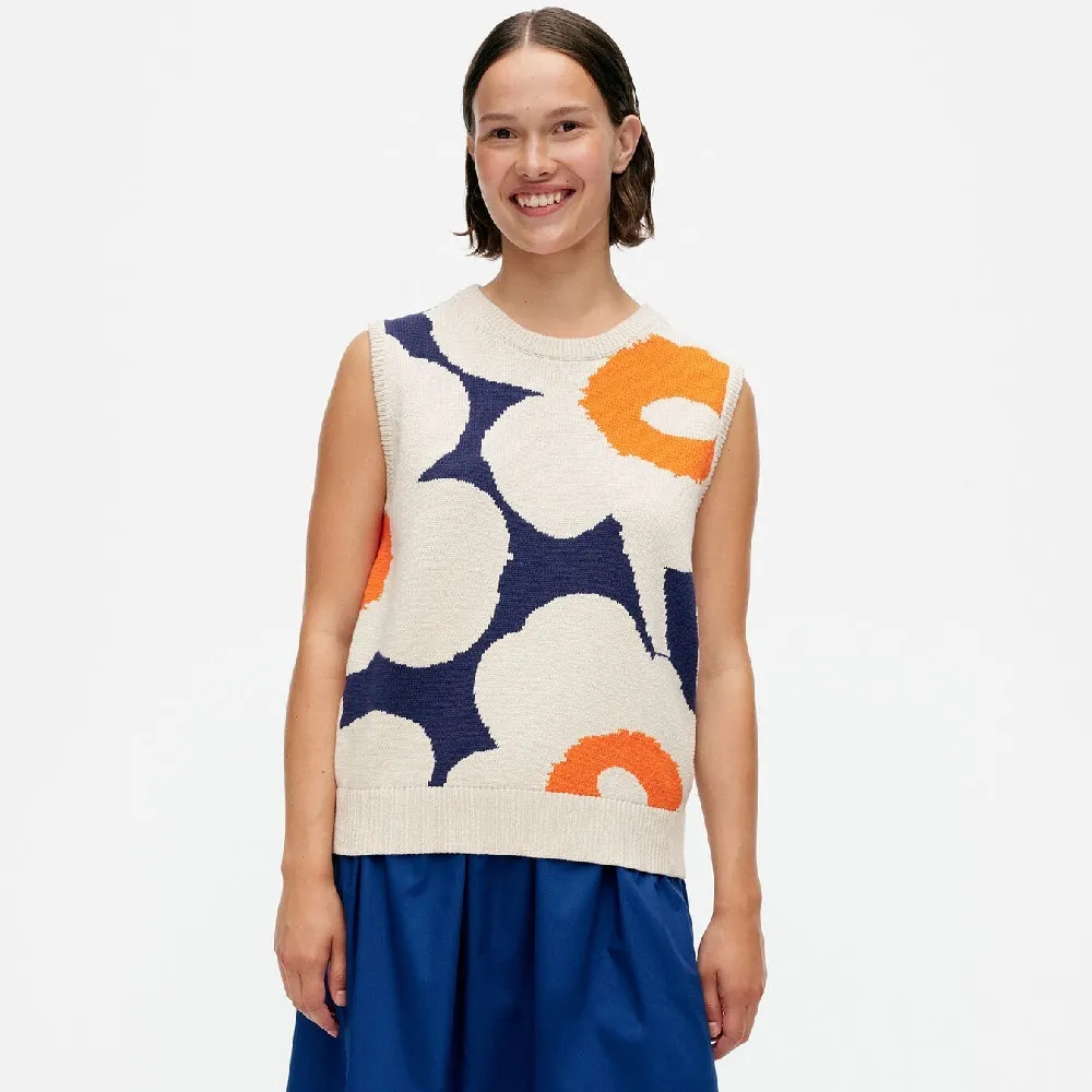 marimekko  |Crew Neck Flower Patterns Casual Style Rib Sleeveless Cotton