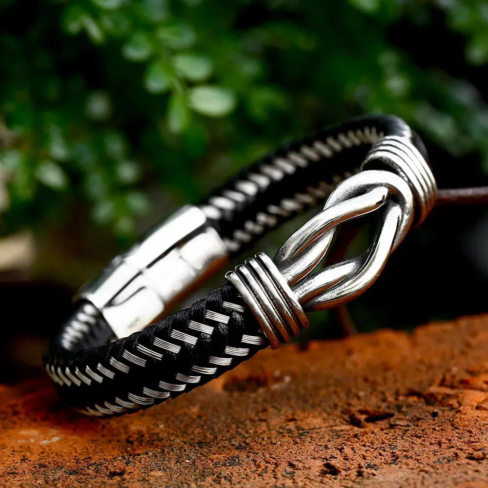 Men and Women Retro Stainless Steel Twisted Leather Strap Party Bracelet