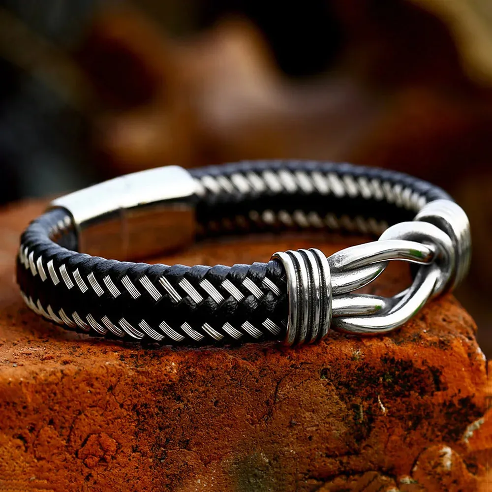 Men and Women Retro Stainless Steel Twisted Leather Strap Party Bracelet