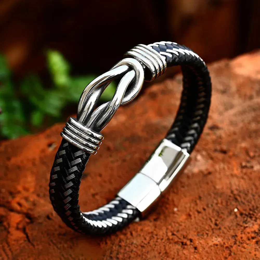 Men and Women Retro Stainless Steel Twisted Leather Strap Party Bracelet