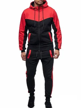 Men's Activewear 2-Piece Color Block Long Sleeves Hooded Red