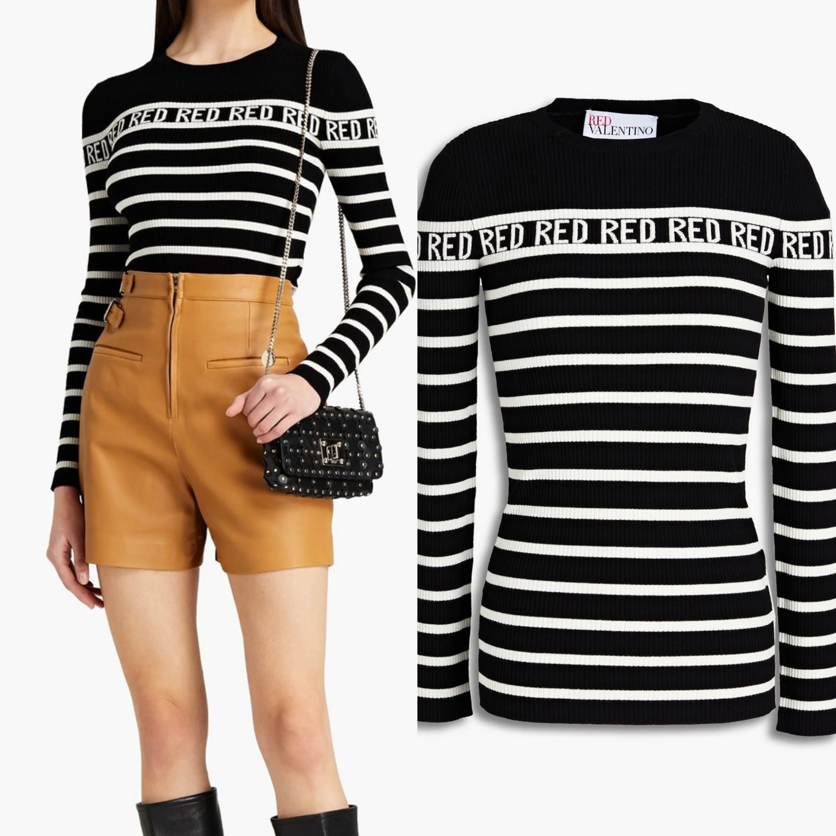 RED VALENTINO  |Crew Neck Stripes Casual Style Rib Street Style Long Sleeves