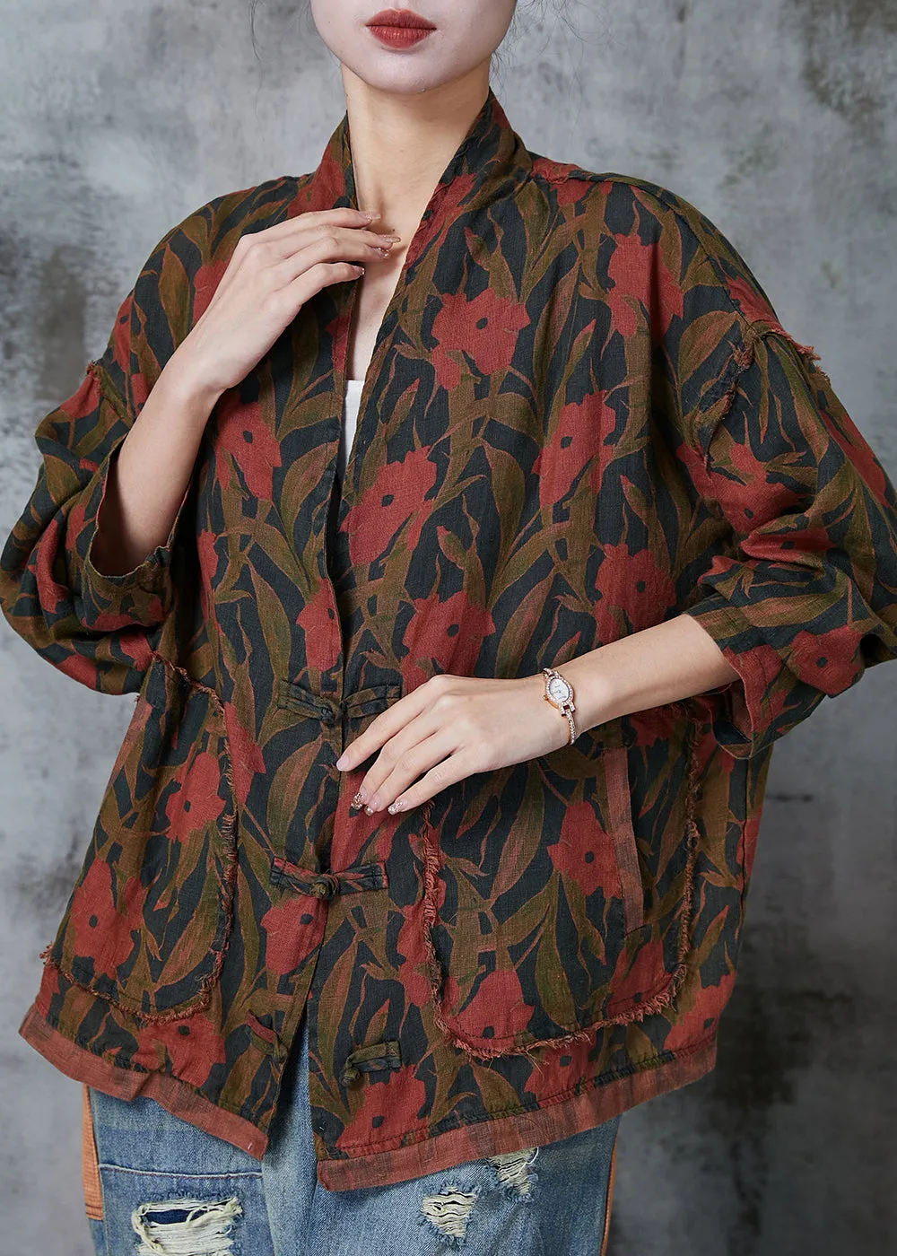 Retro Black Print Chinese Button Linen Coats Spring