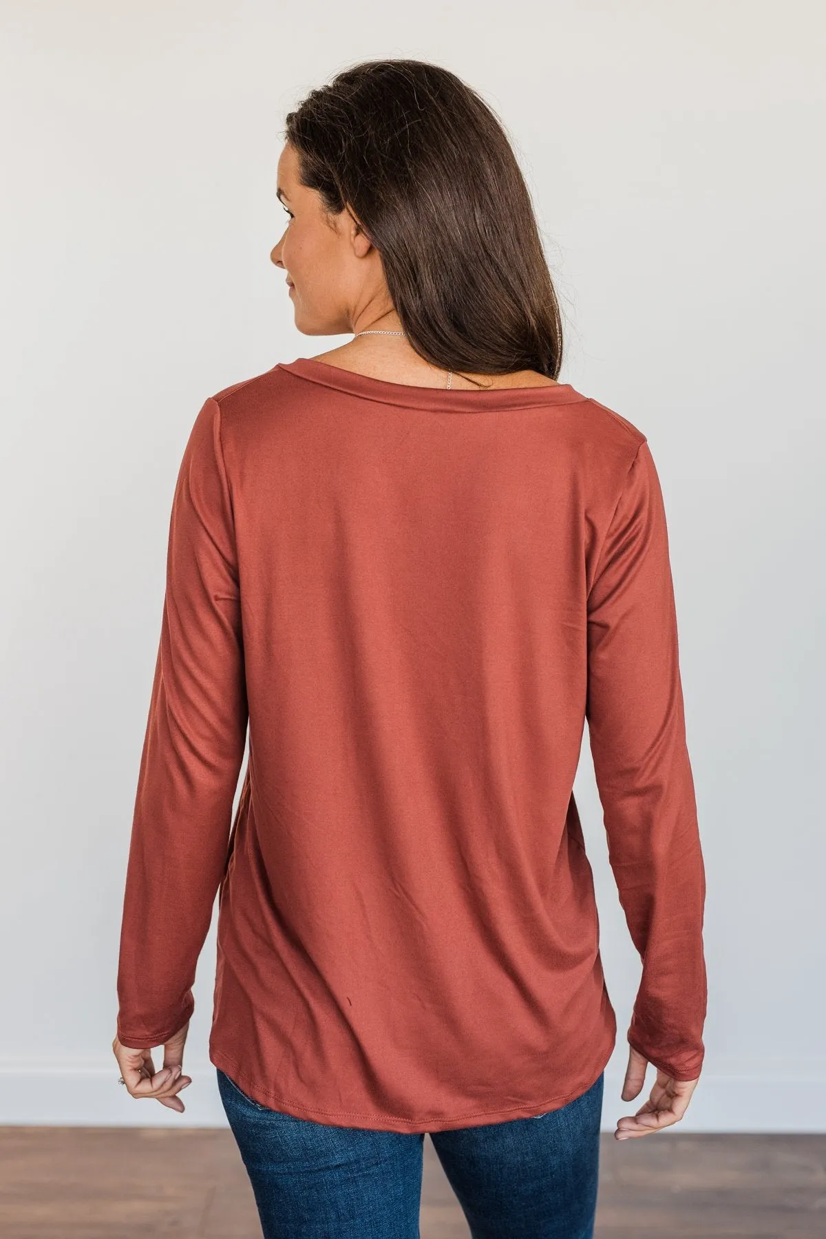 Simply Stylish Long Sleeve Pocket Top- Brick