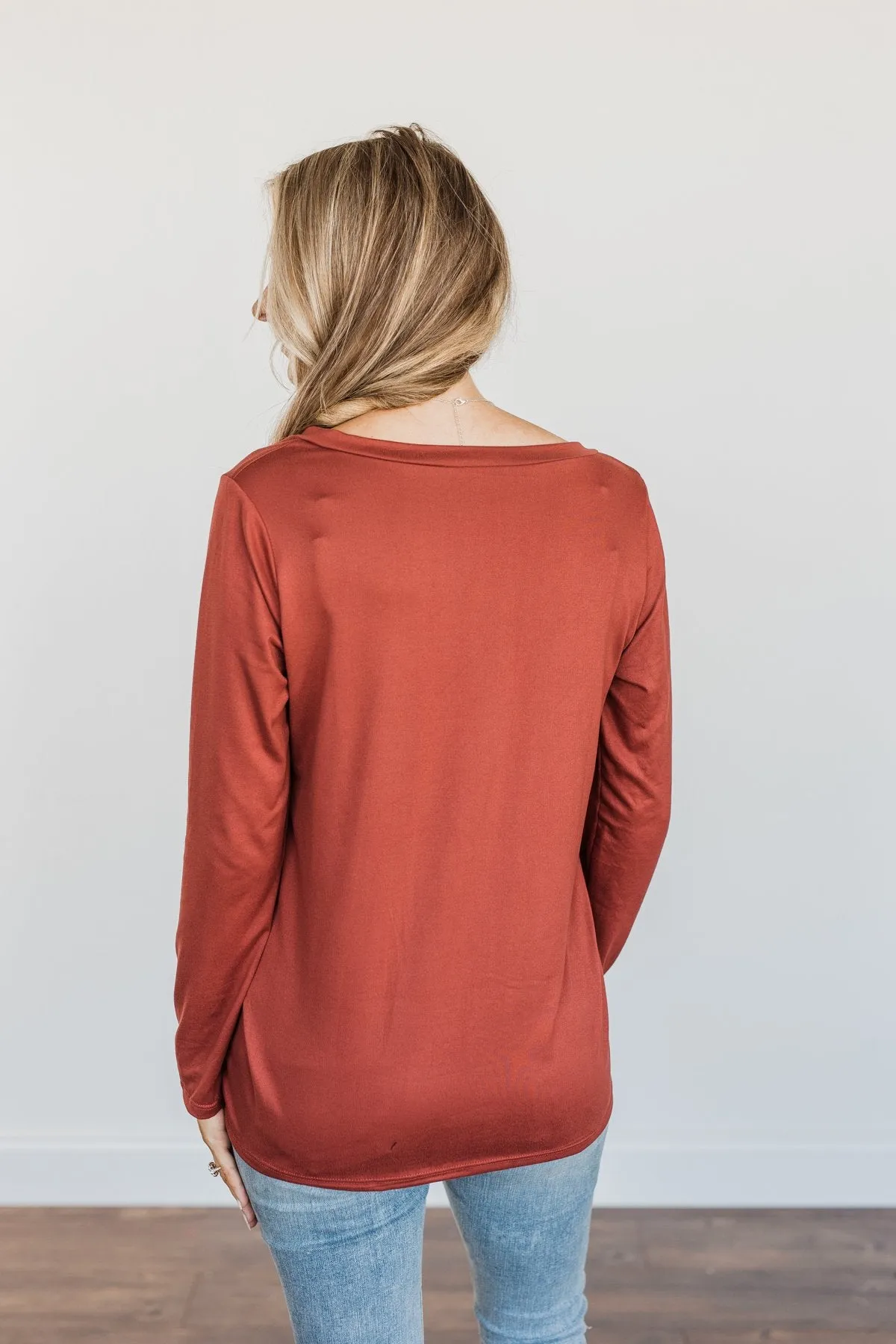 Simply Stylish Long Sleeve Pocket Top- Brick