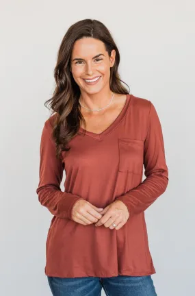 Simply Stylish Long Sleeve Pocket Top- Brick