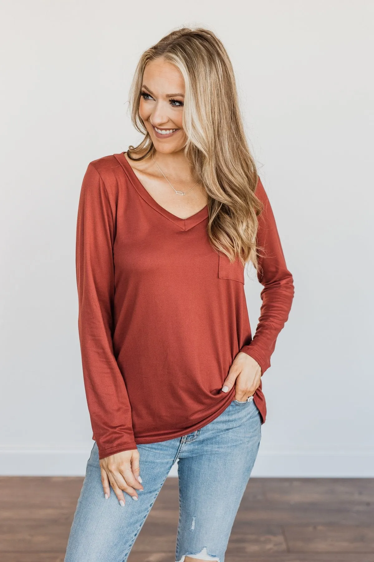 Simply Stylish Long Sleeve Pocket Top- Brick