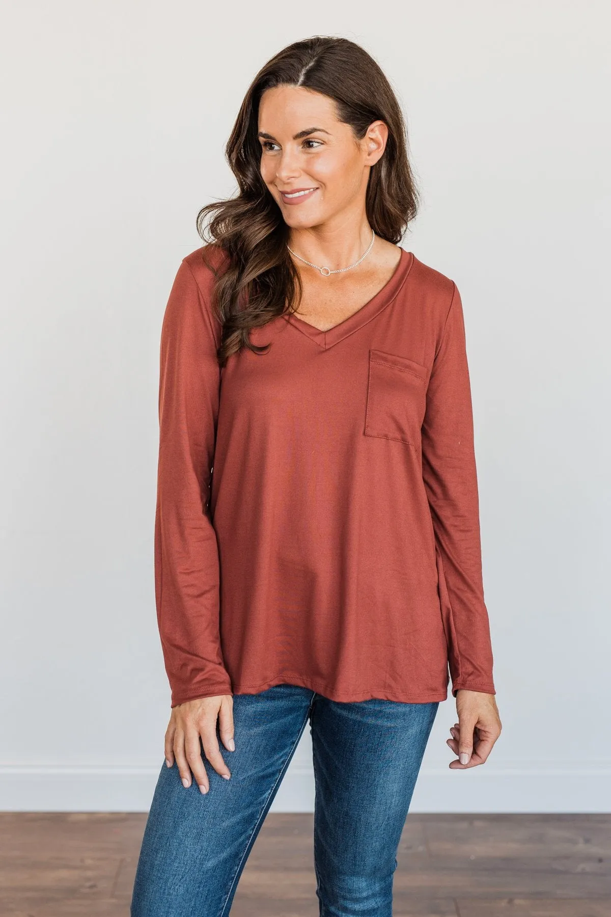 Simply Stylish Long Sleeve Pocket Top- Brick