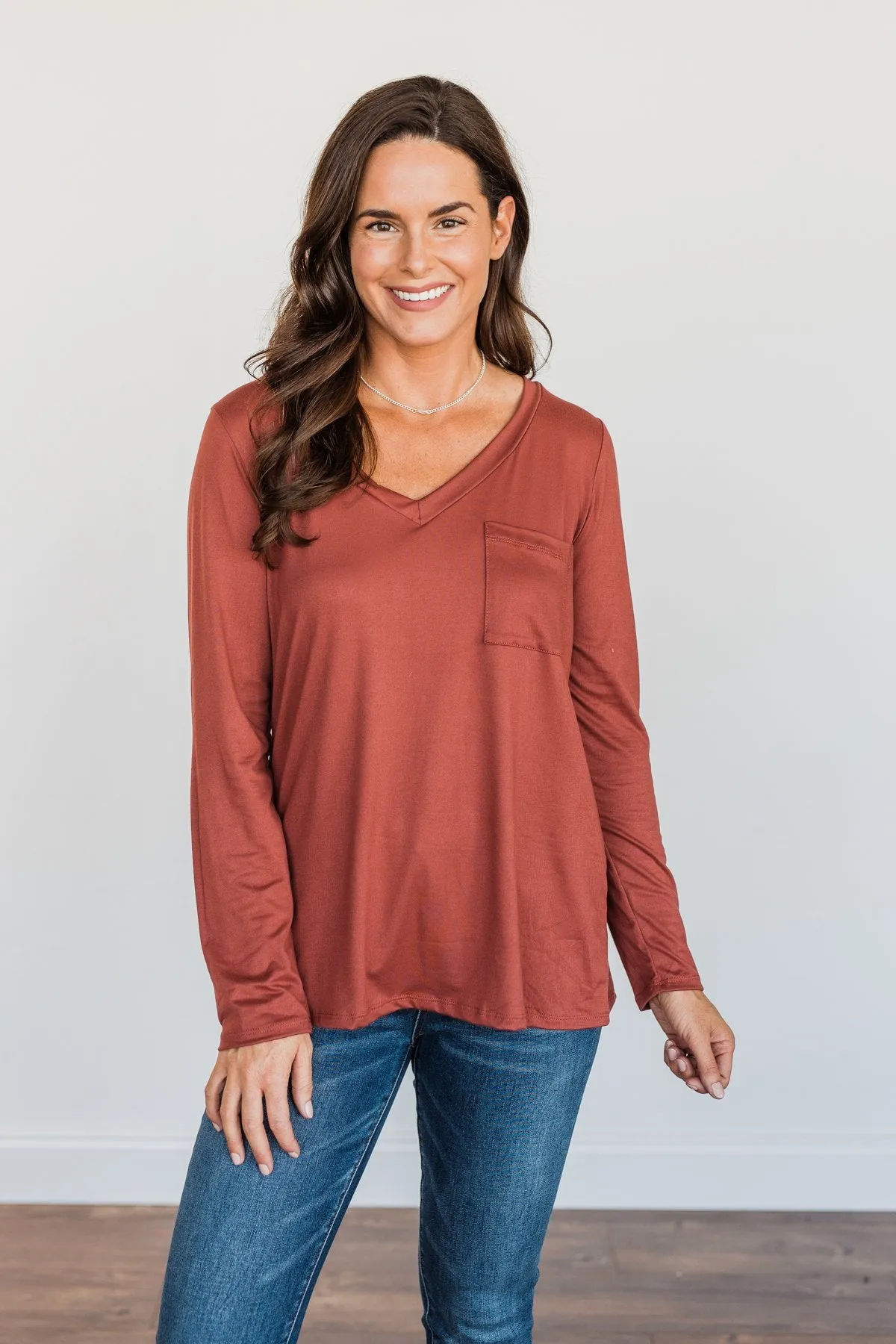 Simply Stylish Long Sleeve Pocket Top- Brick