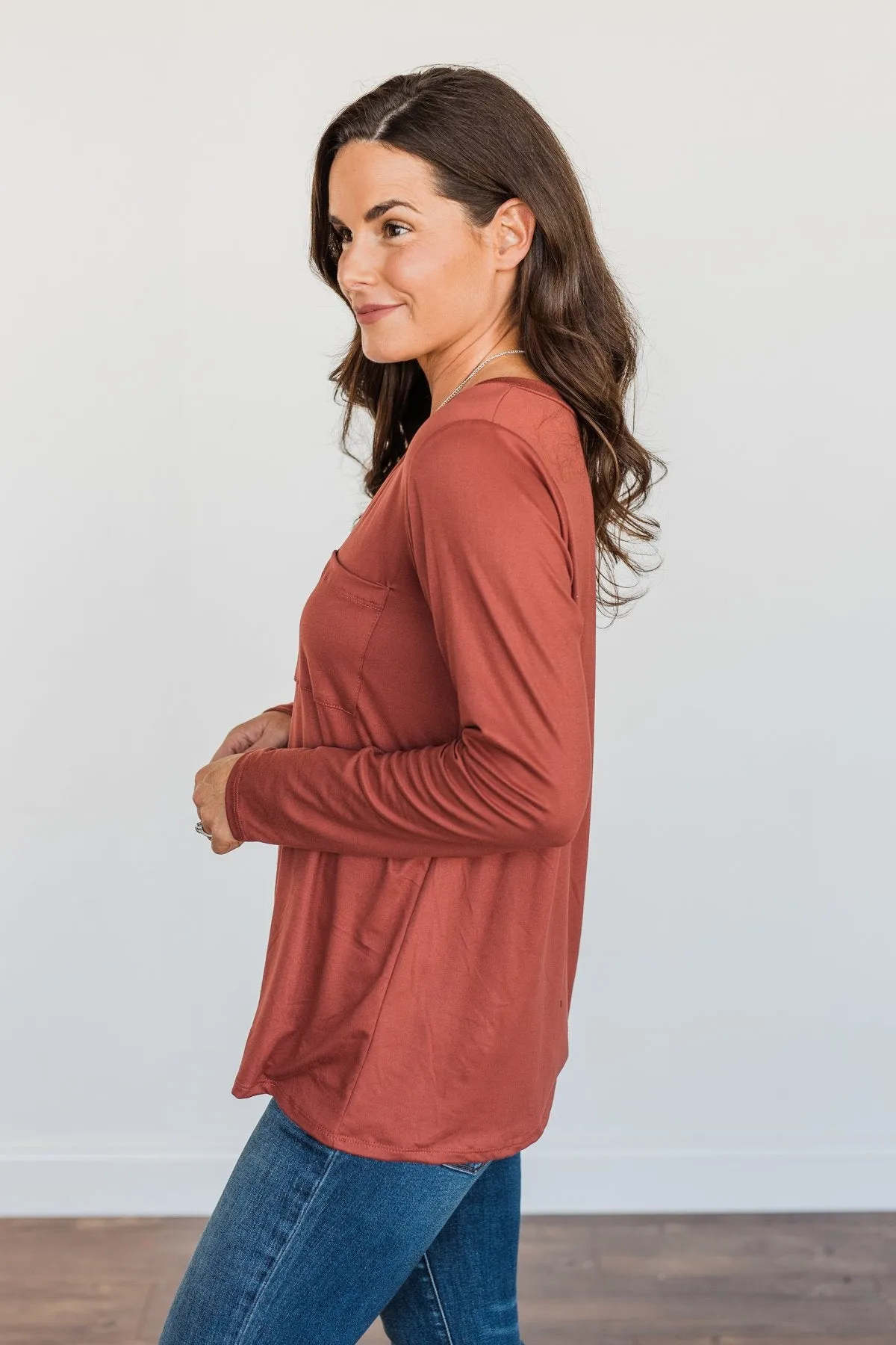 Simply Stylish Long Sleeve Pocket Top- Brick