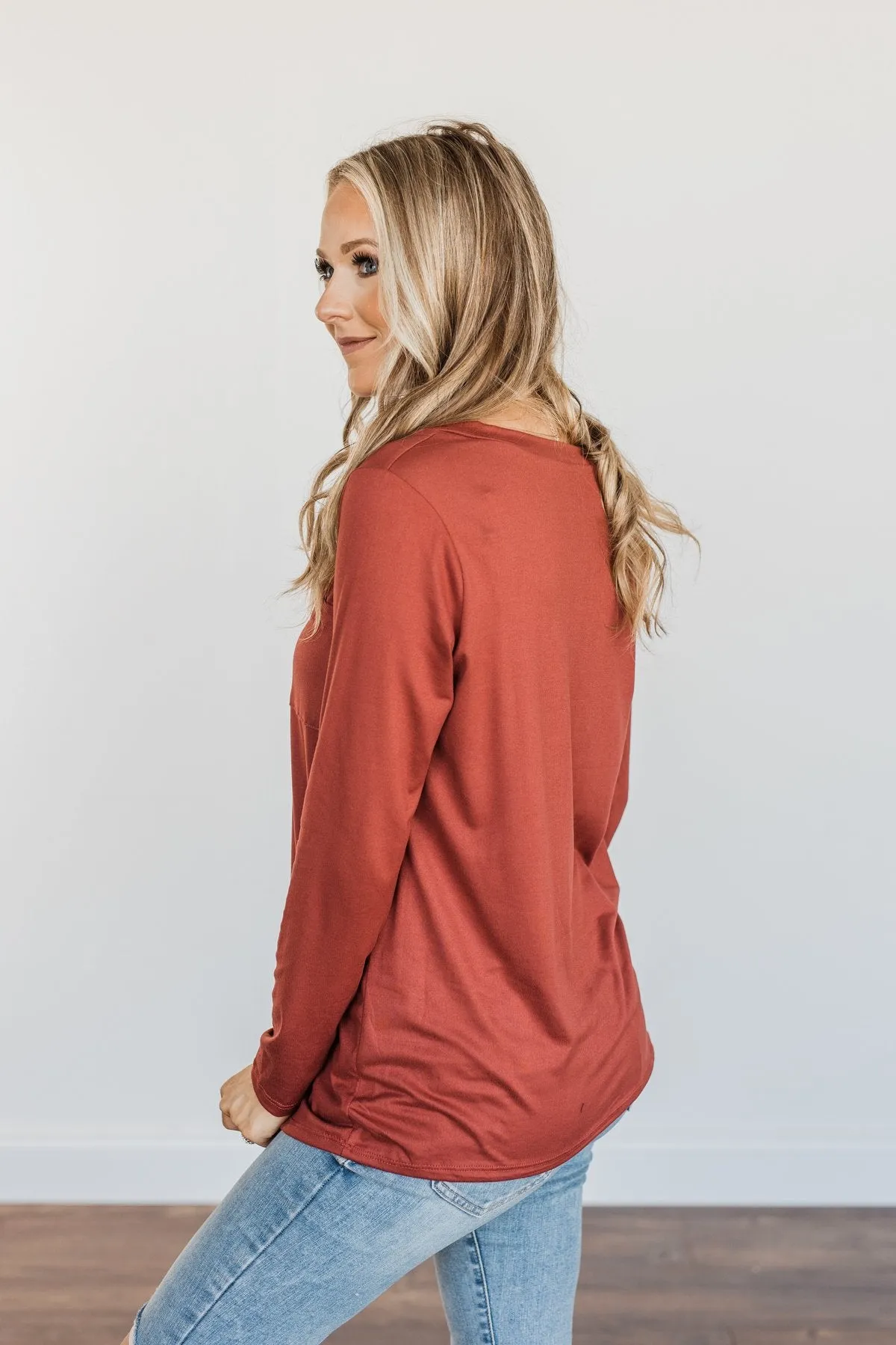 Simply Stylish Long Sleeve Pocket Top- Brick