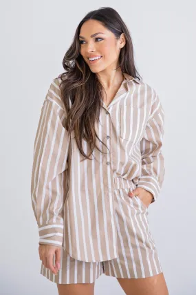 Tan Stripe Button Up Set