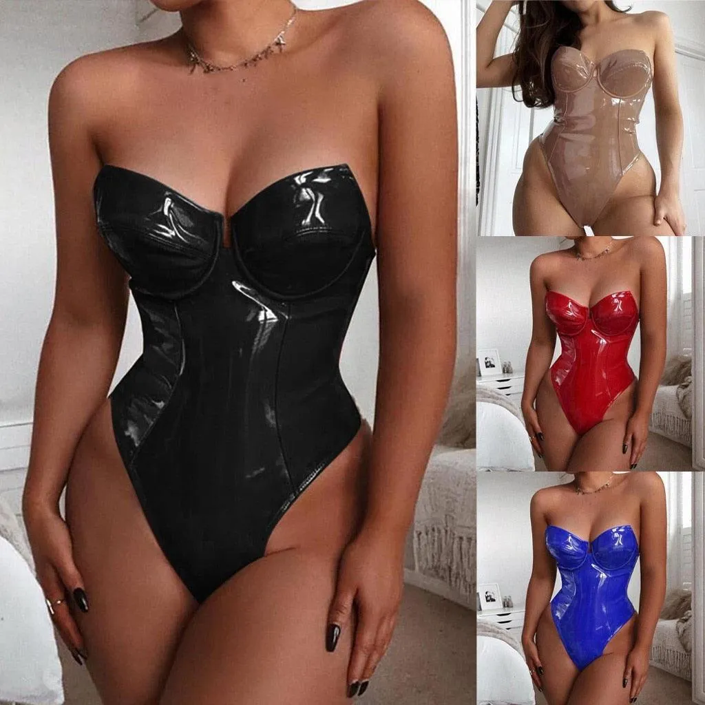 Unleash Your Inner Rebel with Our Solid Color Patent Leather Corset Jumpsuit Bodysuit Fashion