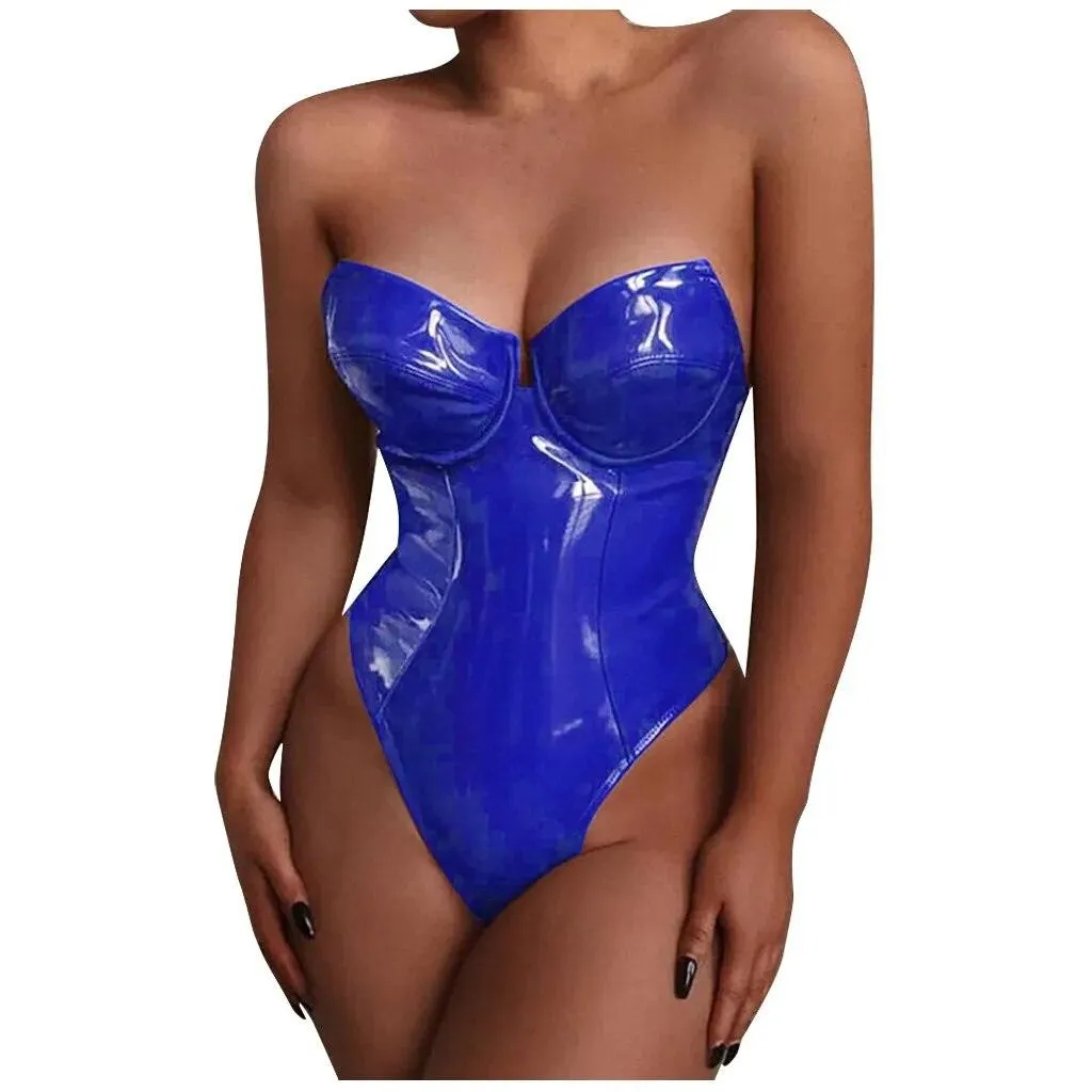 Unleash Your Inner Rebel with Our Solid Color Patent Leather Corset Jumpsuit Bodysuit Fashion